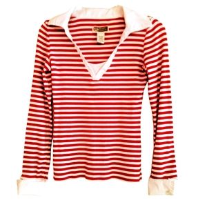 Route 66 Knit Top Trendy Stripes Collared V Neck  Striped Red and White Sz. S